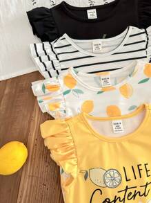 SHEIN LMoss Kids 4pcs Newborn Baby Girl Summer Cute Striped Cartoon Pattern Bodysuit Set - White - View 3