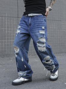 Manfinity EMRG Plus Size Men's Casual Distressed Pocket Detail Denim Jeans - Dark Wash - View 5