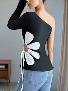 Chiquease 女士春季时尚优雅长袖单肩白色花朵拼布T恤 - 黑色 - 查看 2