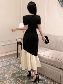 DAZY Square Collar Color Block Ruffle Hem Mid-Length Dress For Women Prom Dress Sundress,Dress For Wedding Elegant Women Dresses - Black - View 2