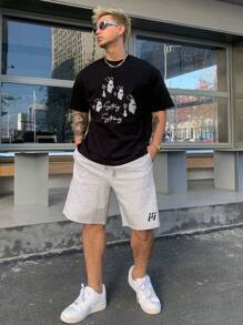 DAZY Summer Pixel People Portrait & Letter Print Black T-Shirt For Men,Graphic Tees - Black - View 5