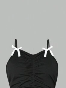 SHEIN Explorewe Teen Girl Black Ruched Strap Bowknot Decor Mini Dress - Black - View 3