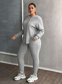 Slaydiva Conjunto de 2 piezas de mujer talla grande con sudadera con capucha acanalada y pantalón largo con cordón