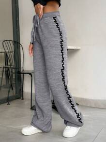 SHEIN PETITE Elegant Contrast Binding Detailed Knitted Pant - Grey - View 3