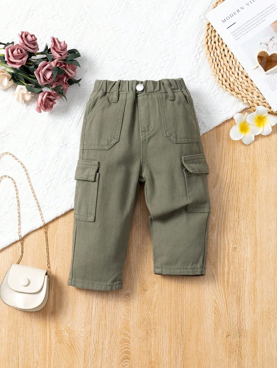 Różowe, proste, jeansowe spodnie typu utility dla dziewczynek