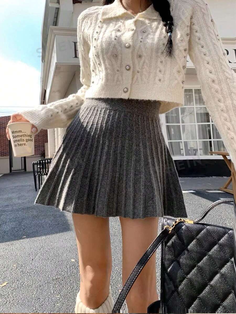 SHEIN SXY Falda de punto plisada con silueta evasé minimalista para mujer