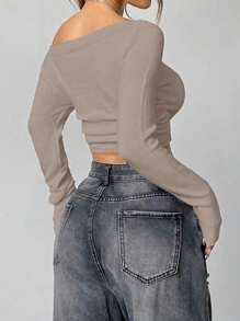 SHEIN Unity Women's Solid Color Long Sleeve Casual Versatile Sweater, Daily Wear Knit Pullover Fall Winter - Khaki - View 2