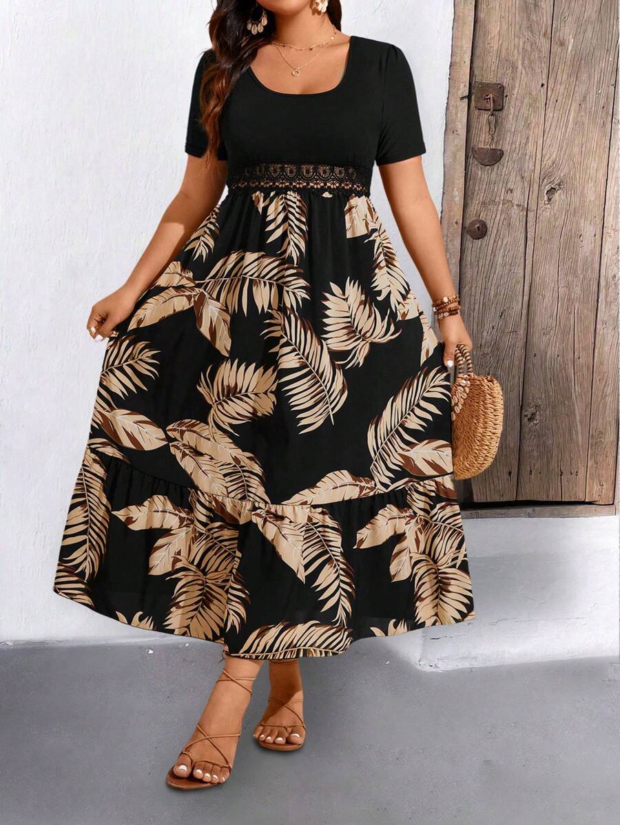 Breezaya 大码女式蕾丝拼布印花束腰长款节日连衣裙