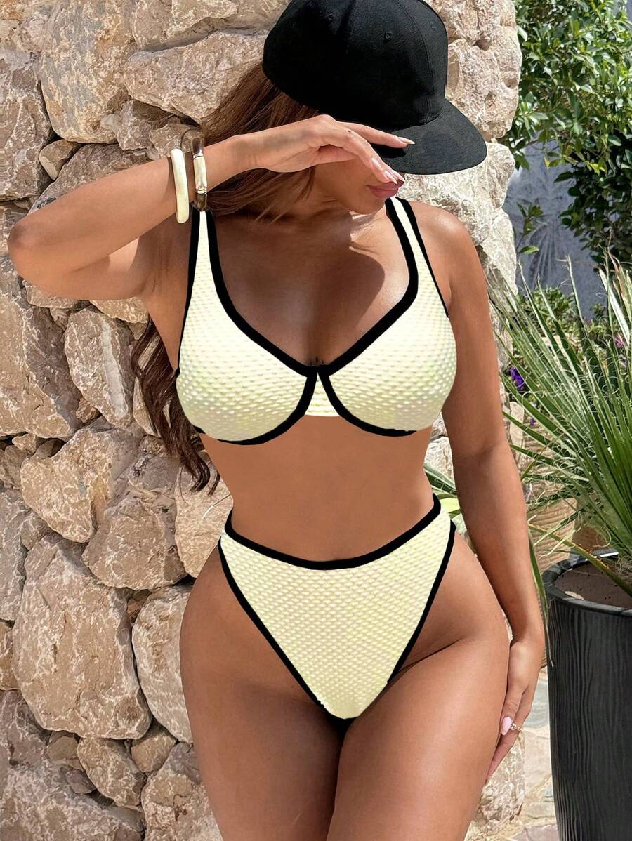 SHEIN Swim 夏季女式撞色边比基尼上衣和下装比基尼套装，非聚拢且带钢圈