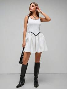 SHEIN Unity Vestido corto sin mangas de mujer elegante con cinturón de cuerda retorcida de contraste, para primavera/otoño - Beis - Ver 5