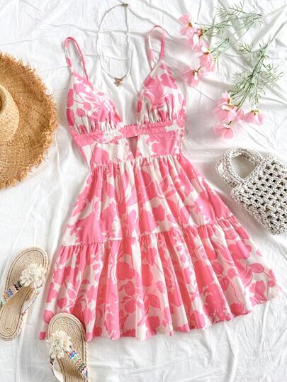 Soleia Vacation Women's Romantic Floral Print V-Neck Backless Waist Cinched Chiffon A-Line Mini Dress