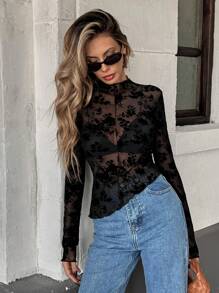 SHEIN Essnce Women's Floral Flocked See-Through Long Sleeve Sheer Top