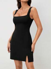 SHEIN Tall Vestido de tirantes de mujer con cuello cuadrado, dobladillo con abertura lateral y minifalda, de unicolor - Negro - Ver 1