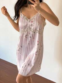 DAZY Romantic Satin Floral Striped Allover Print Lace Patchwork Camisole Short Nightgown Pajama - Purple - View 3