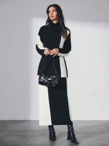 RueChic Women Contrast Color Splice Crew Neck Sweater + A-Line Skirt 2 Piece Casual Knitted Set - Black - View 5