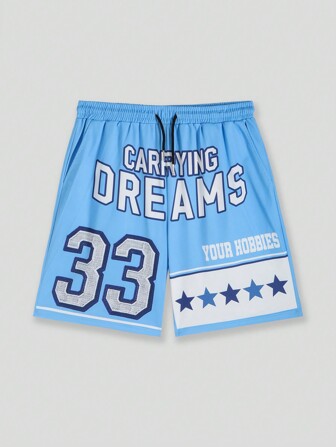 Prep Pantalones cortos deportivos casuales con cordón y estampado de letras para hombres, estilo de fútbol, diseño simple
