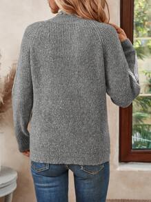 EMERY ROSE Suéter informal para mujer de manga raglán con cuello alto y bloques de color - Gris Claro - Ver 2