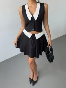 SHEIN Essnce 2 piezas Traje de mujer para primavera/verano con contraste de color en el cuello, falda plisada de cintura delgada + chaleco para uso diario