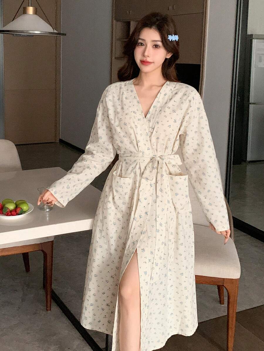 DAZY 女士休闲碎花裹身宽松中长款睡袍、睡衣、秋季 - 杏色 - 查看 1