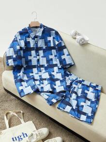 EASEVO Plus Size Men Loose Woven Shirt And Shorts Set