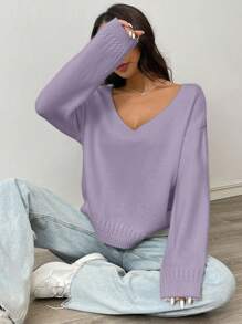 Flirla 女士休闲纯色落肩宽松针织套头毛衣，秋冬针织套头衫 - 紫色 - 查看 1