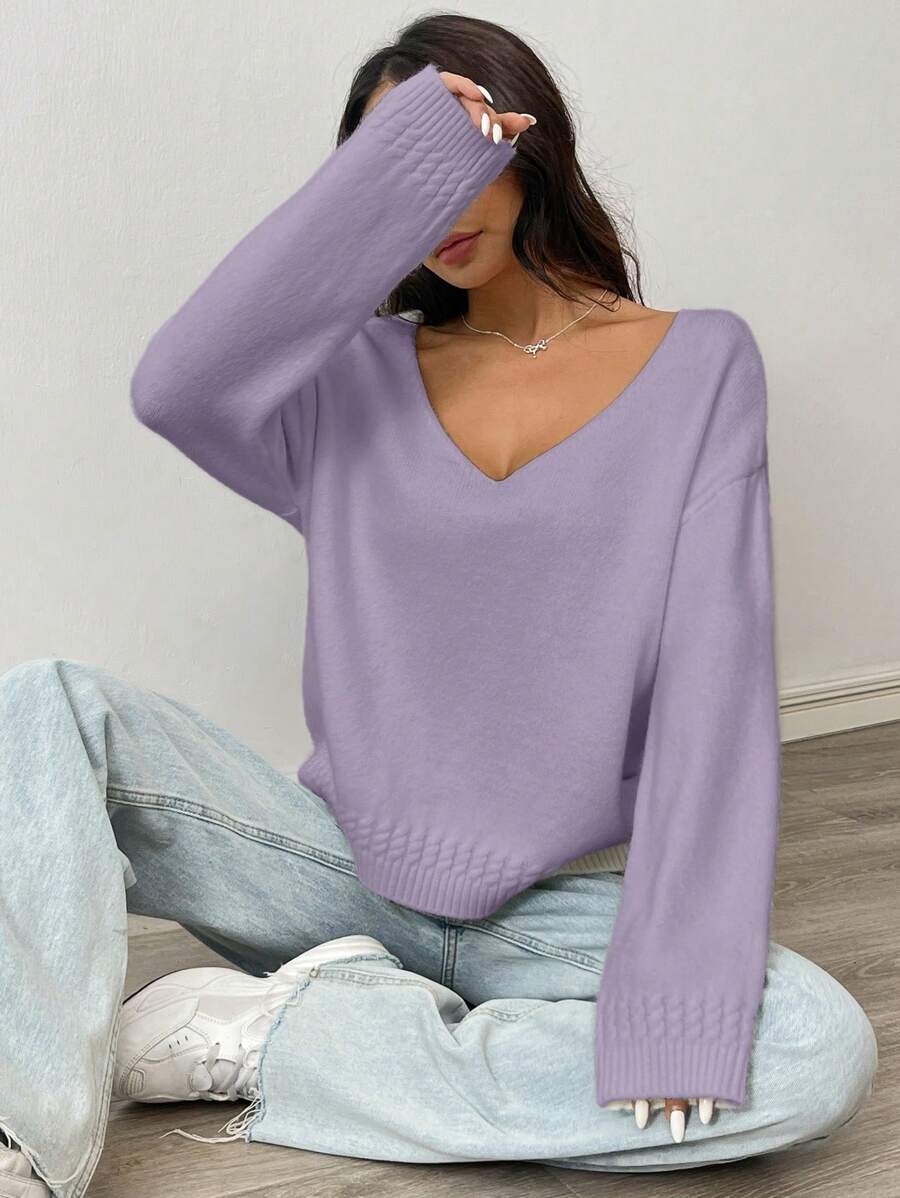 Flirla 女士休闲纯色落肩宽松针织套头毛衣，秋冬针织套头衫 - 紫色 - 查看 1
