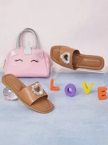 Mini mi Top Seller Kid's Qute Rhinestone Heart Open Toe Flat Pu Tan Slide Sandals - Elegant,Versatile, & Comfortable - Maroon - View 2