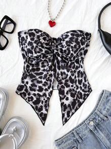 Soleia Women's Leopard Print Tube Top With Front Slit, Kink,Comfortable Ice Silk Vacation Blouse,New Years Women,Birthday Top For Women, Western Wear Women,Holiday Party Top