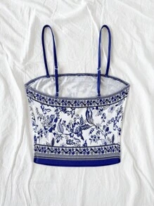 Soleia 女式复古蓝白图案短款吊带背心度假上衣、短款上衣、女士度假上衣、背心、女士西部装、女士夏季上衣、背心、情人节、狂欢节