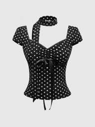 Y2K Polka Dot Bowknot Design Women T-Shirt