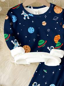 SHEIN Snug Fit Baby Boy Casual Comfortable Cartoon Planet, Astronaut Graphic Print Long Sleeve Round Neck Pants Home Clothing Set, Suitable For Autumn/Winter