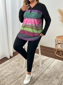 SHEIN VCAY 2 sztuki/zestaw Plus Size Women Striped V-neck Long Sleeve T-shirt I Spodnie Swobodne Ubrania