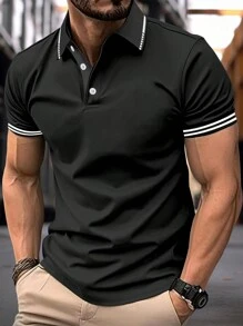 Manfinity Mode 男士條紋飾邊POLO衫 - 黑色 - 查看 1