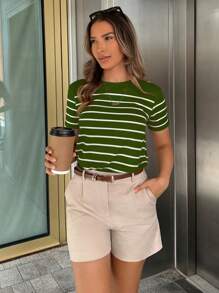 Pariaura Camiseta casual versátil de mujer con rayas y estampado gráfico