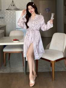 DAZY 条纹印花宽松舒适女士浴袍睡衣 - 紫色 - 查看 4