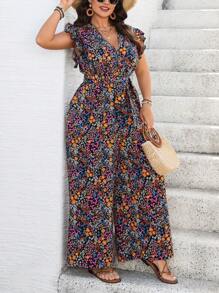 SHEIN Clasi Plus Size Women V-Neck Ruched Ditsy Floral Flounced Jumpsuit, Cooling Dress, Stress Relief Outfit, Elegant Fashion Women Lounge Dress, Summer Outfits For Women, St. Patrick's Day, Rave Outfits, Festival, Spring Break, Boho - Multicolor - View 4