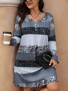 SHEIN LUNE 大码前扣长袖条纹休闲短裙 - 黑色 - 查看 5