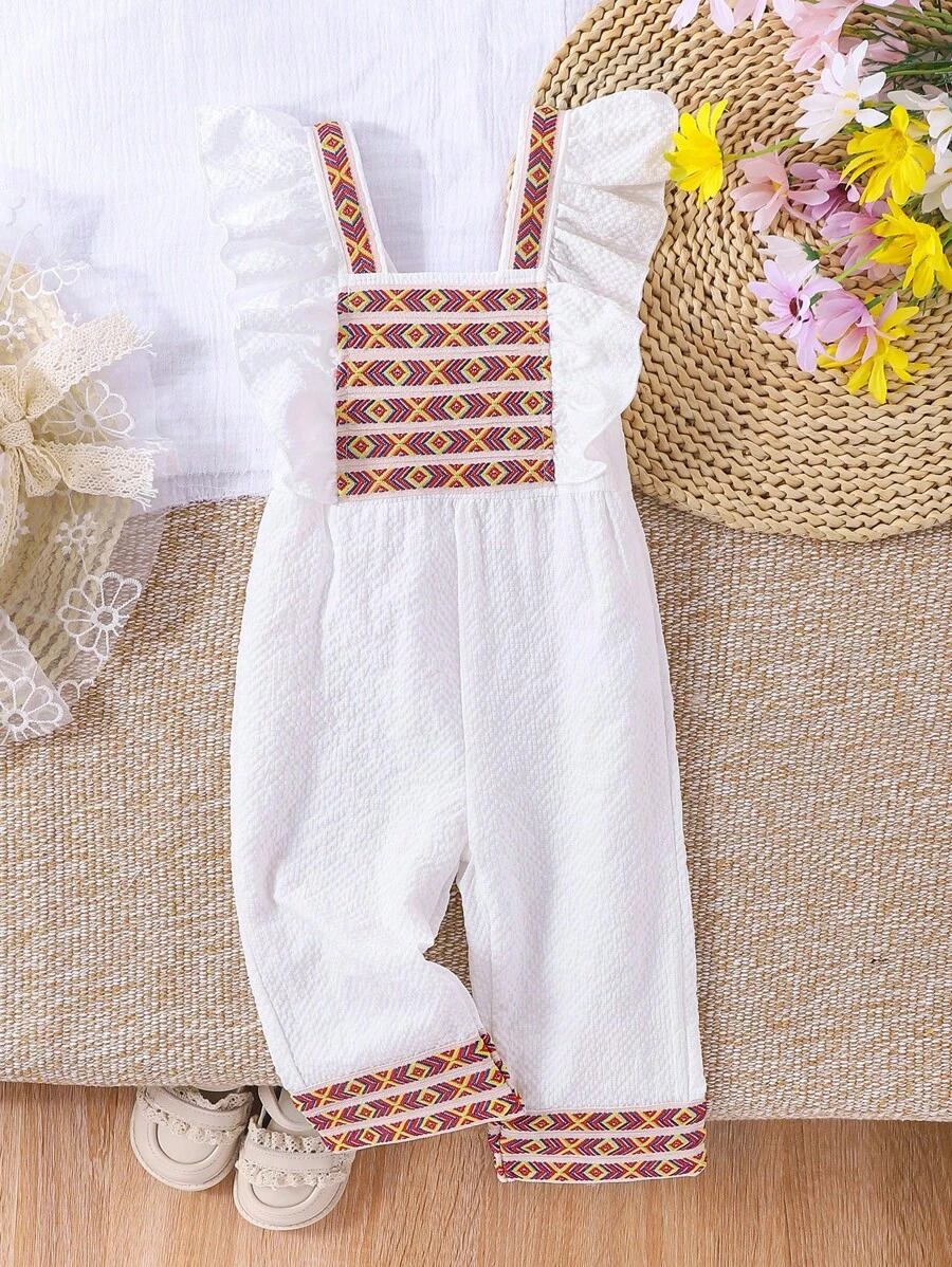 SHEIN Baby Girl Embroidery Waist Jumpsuit Pants - White - View 1