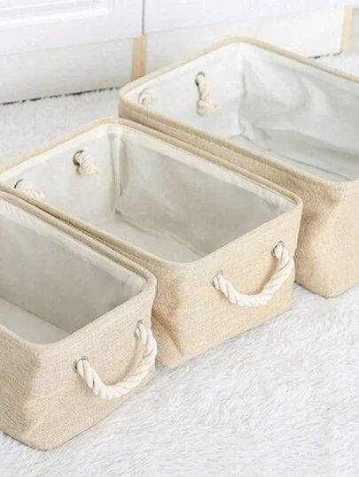 1/3 件米色可折叠桌面收纳篮，大容量带亚麻手柄篮子用于架子篮，壁橱整理器，玩具，杂物，文具，家居装饰