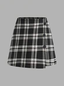 Maglietta a manica lunga con bordo a lattuga e gonna corta a quadri neri con bottoni, perfetti per uso casual, quotidiano e scolastico, adatti per ragazze tra bambini e adolescenti