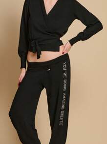 TryMe Conjunto casual de 2 piezas para mujer con blusa de manga larga con cordones y pantalón largo - Negro - Ver 4