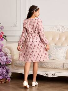 SHEIN 1 chiếc váy dài tay in hoa cổ tròn viền bèo nhún thời trang thường ngày cho bé gái tuổi teen (2 bộ trang phục gia đình đồng bộ được bán riêng) - Bụi hồng - Xem 2