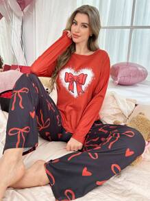 Conjunto de ropa de dormir para mujer con decoración de moños, dulce y lindo para el Día de San Valentín