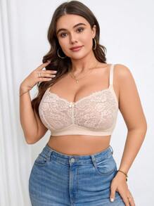 1pc Plus Size Lace Trim Sexy Soft Body Wireless Lingerie Bra - Apricot - View 5
