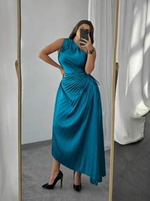 Firerie Women Plus Size Elegant Holiday Beach Asymmetrical Neck Tropical Chic Afternoon Tea Party High-End Venue Concert Dinner Asymmetric Pleated Hollow Out Waist Satin Long Dress