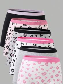 Sparklyn Tween Girl 情人节 6 件装豹纹和心形印花三角裤，棉质内裤