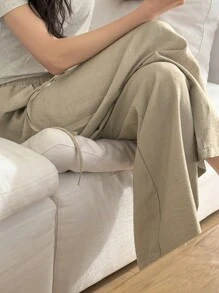 DAZY 夏季新款显瘦高腰垂坠阔腿休闲裤女士亚麻 - 杏色 - 查看 2