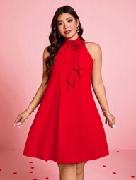 Rometta Women's Elegant 3D Floral Ruffle Collar A-Line Dress,Valentine's Day