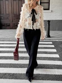 SHEIN Essnce Áo cánh chiffon rộng rãi buộc nơ tua rua cho nữ - Màu be - Xem 6