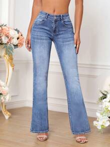 SHEIN Tall Pantalones vaqueros largos de mujer con bolsillo frontal y botones, uso casual diario - Lavado ligero - Ver 3